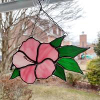 Pink Hibiscus Flower Stained Glass Suncatcher, Custom Colors Available