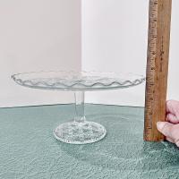 Antique John B Higbee Banner Clear Pressed Glass 9 Inch Pedestal Cake Stand with Scalloped Lip, Vintage EAPG Pastry Dessert Display Plate