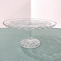 Antique John B Higbee Banner Clear Pressed Glass 9 Inch Pedestal Cake Stand with Scalloped Lip, Vintage EAPG Pastry Dessert Display Plate