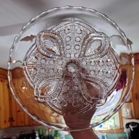Antique John B Higbee Banner Clear Pressed Glass 9 Inch Pedestal Cake Stand with Scalloped Lip, Vintage EAPG Pastry Dessert Display Plate