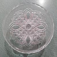 Antique John B Higbee Banner Clear Pressed Glass 9 Inch Pedestal Cake Stand with Scalloped Lip, Vintage EAPG Pastry Dessert Display Plate