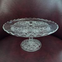 Antique John B Higbee Banner Clear Pressed Glass 9 Inch Pedestal Cake Stand with Scalloped Lip, Vintage EAPG Pastry Dessert Display Plate