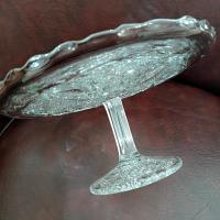 Antique John B Higbee Banner Clear Pressed Glass 9 Inch Pedestal Cake Stand with Scalloped Lip, Vintage EAPG Pastry Dessert Display Plate
