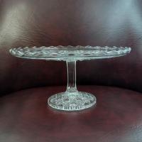 Antique John B Higbee Banner Clear Pressed Glass 9 Inch Pedestal Cake Stand with Scalloped Lip, Vintage EAPG Pastry Dessert Display Plate