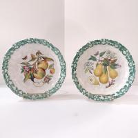 Vintage Italian Pasta Bowls with Apple and Pear Motif Design and Green Spongeware Accents, Coupe Soup Bowls, Set of Two