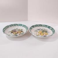 Vintage Italian Pasta Bowls with Apple and Pear Motif Design and Green Spongeware Accents, Coupe Soup Bowls, Set of Two