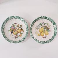 Vintage Italian Pasta Bowls with Apple and Pear Motif Design and Green Spongeware Accents, Coupe Soup Bowls, Set of Two