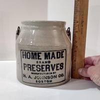 Antique H. A. Johnson Boston Home Made Preserves Stoneware Crock Jar with Lid and Handle, 1890's Ceramic Storage Container