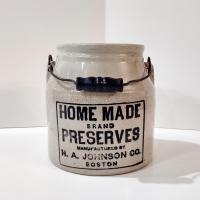 Antique H. A. Johnson Boston Home Made Preserves Stoneware Crock Jar with Lid and Handle, 1890's Ceramic Storage Container