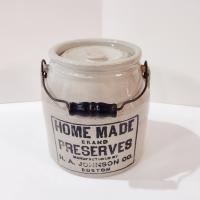 Antique H. A. Johnson Boston Home Made Preserves Stoneware Crock Jar with Lid and Handle, 1890's Ceramic Storage Container