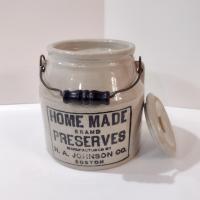 Antique H. A. Johnson Boston Home Made Preserves Stoneware Crock Jar with Lid and Handle, 1890's Ceramic Storage Container