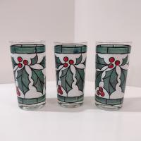 Vintage West Virginia Glass Specialty Snowy Holly and Berries 12 Ounce Highball Glasses, Set of Three