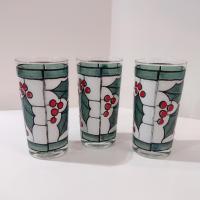 Vintage West Virginia Glass Specialty Snowy Holly and Berries 12 Ounce Highball Glasses, Set of Three
