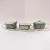 Vintage Royal Colonial Homestead Green Creamer, Covered Sugar Bowl, and Flat Cup, Set of 3, MCM Retro Americana Transferware