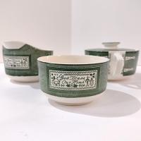 Vintage Royal Colonial Homestead Green Creamer, Covered Sugar Bowl, and Flat Cup, Set of 3, MCM Retro Americana Transferware