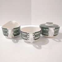 Vintage Royal Colonial Homestead Green Creamer, Covered Sugar Bowl, and Flat Cup, Set of 3, MCM Retro Americana Transferware