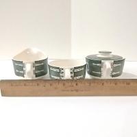 Vintage Royal Colonial Homestead Green Creamer, Covered Sugar Bowl, and Flat Cup, Set of 3, MCM Retro Americana Transferware
