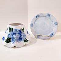 Vintage Hydrangea Floral Ceramic Shade Jar Candle Topper and Under Plate