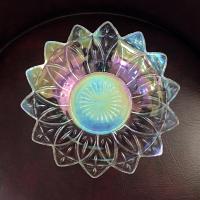 Vintage Federal Glass Petal Iridescent Clear Glass Dish Bowl, Rainbow Iridescent Flower Shaped 8 Inch Shallow Serving Bowl