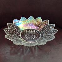 Vintage Federal Glass Petal Iridescent Clear Glass Dish Bowl, Rainbow Iridescent Flower Shaped 8 Inch Shallow Serving Bowl