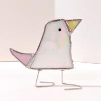 Stained Glass Standing Bird, Funky Pink and White Iridescent Glass Bird Suncatcher, Bird Lover Gift, Windowsill Sitter