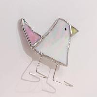 Stained Glass Standing Bird, Funky Pink and White Iridescent Glass Bird Suncatcher, Bird Lover Gift, Windowsill Sitter