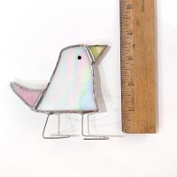 Stained Glass Standing Bird, Funky Pink and White Iridescent Glass Bird Suncatcher, Bird Lover Gift, Windowsill Sitter