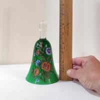 Vintage Hand Painted Italian Decorative Bell, Green Bell with Painted Flowers
