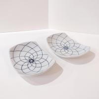 Vintage Blue and White Japanese Lotus Sushi Plates, Set of Two, Appetizer Plates, Trinket Trays