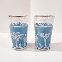 Vintage Jeanette Hellenic Blue 10 Ounce Flat Tumbler Glasses, Set of 2, MCM Barware