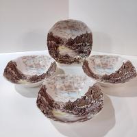 Vintage Johnson Brothers Olde English Countryside Brown Multi Color Square Cereal Soup Salad Bowls, Set of 4