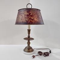 Vintage Brass Candlestick Table Desk Lamp with White Marble Base and Brown Mottled Shade, MCM Two Socket Bulb Lamp