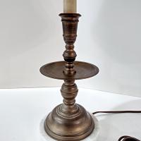 Vintage Brass Candlestick Table Desk Lamp with White Marble Base and Brown Mottled Shade, MCM Two Socket Bulb Lamp