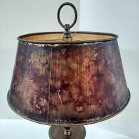 Vintage Brass Candlestick Table Desk Lamp with White Marble Base and Brown Mottled Shade, MCM Two Socket Bulb Lamp