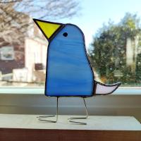 Stained Glass Standing Bird, Funky Glass Bird, Blue and Pink Bird Suncatcher, Windowsill Free Standing Bird