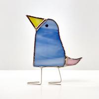 Stained Glass Standing Bird, Funky Glass Bird, Blue and Pink Bird Suncatcher, Windowsill Free Standing Bird