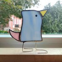 Stained Glass Standing Bird, Funky Blue and Pink Glass Bird Suncatcher, Bird Lover Gift, Windowsill Sitter