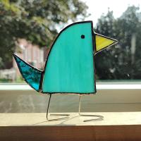 Stained Glass Standing Bird, Funky Blue Glass Bird Suncatcher, Bird Lover Gift, Windowsill Sitter