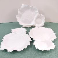 Set of 3 Vintage White Ceramic Leaf Shaped Snack Trays with Drink Holders, Leaf Appetizer Plates