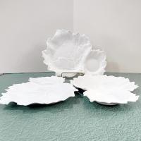 Set of 3 Vintage White Ceramic Leaf Shaped Snack Trays with Drink Holders, Leaf Appetizer Plates
