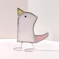 Stained Glass Standing Bird, Funky Pink and White Iridescent Glass Bird Suncatcher, Bird Lover Gift, Windowsill Sitter