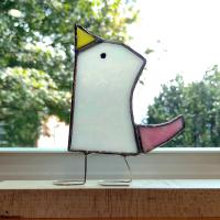 Stained Glass Standing Bird, Funky Pink and White Iridescent Glass Bird Suncatcher, Bird Lover Gift, Windowsill Sitter
