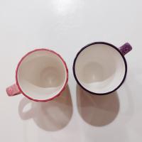 Vintage Laurie Gates Hydrangea Ceramic Pink and Purple Spongeware Coffee Tea Mugs, Set of Two