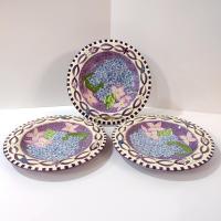 Vintage Laurie Gates Hydrangea Ceramic Purple Spongeware Salad Dessert Plates, Set of 3