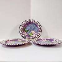 Vintage Laurie Gates Hydrangea Ceramic Purple Spongeware Salad Dessert Plates, Set of 3