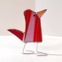 Stained Glass Standing Bird, Funky Glass Bird, Red and White Striped Bird Suncatcher, Windowsill Free Standing Bird