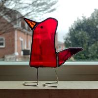 Stained Glass Standing Bird, Funky Glass Bird, Red and White Striped Bird Suncatcher, Windowsill Free Standing Bird