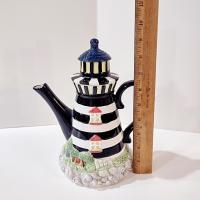 Vintage Lighthouse Ceramic Teapot, Cracker Barrel 1995 Black and White Striped Lighthouse Tea Pot