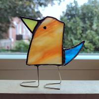 Stained Glass Standing Bird, Funky Orange and Blue Glass Bird Suncatcher, Bird Lover Gift