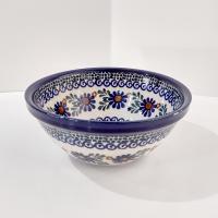 Vintage Polish Pottery Floral Geometric Hand Painted Bowl, Ceramic Soup Candy Nut Serving Bowl